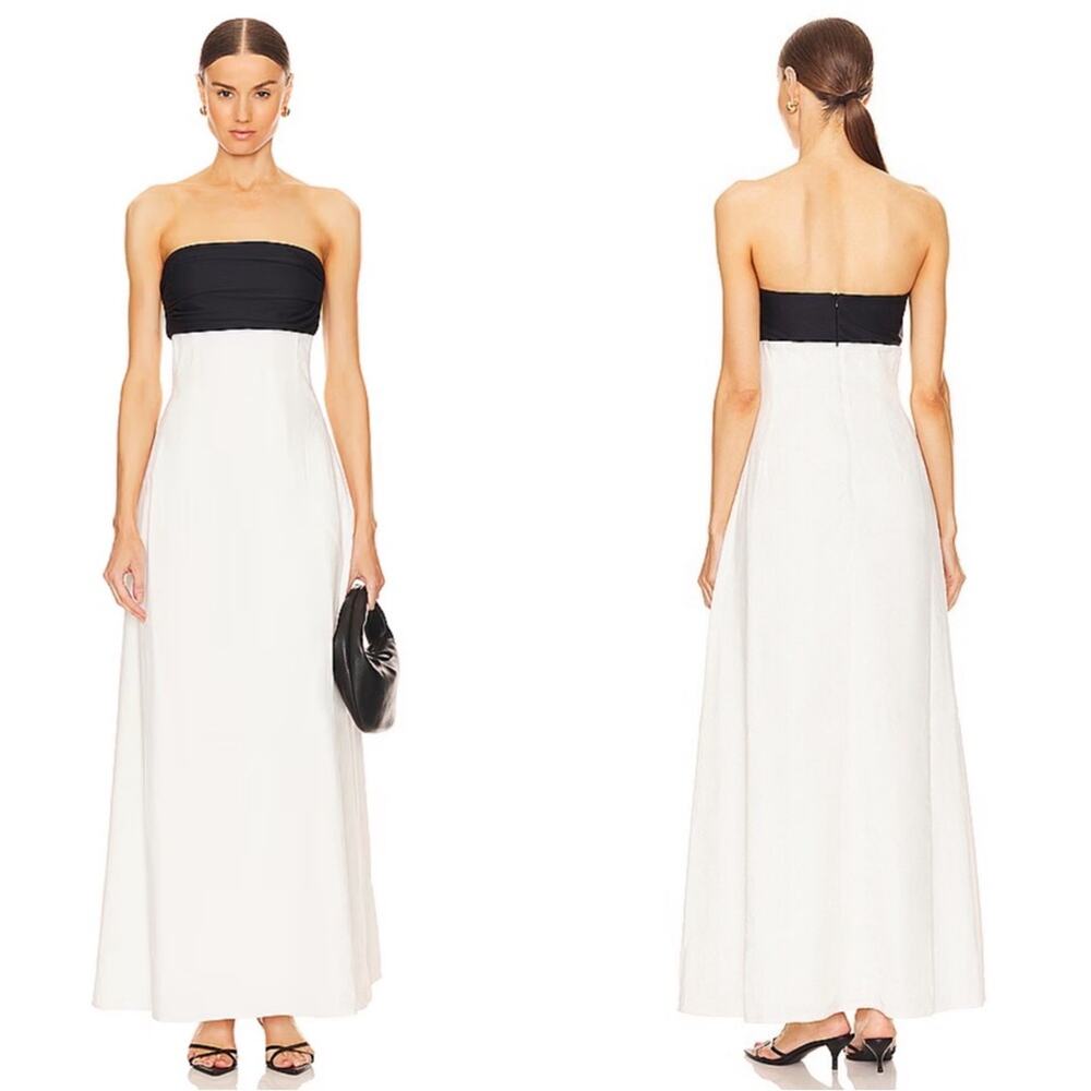 ANNA QUAN Marcia Strapless Linen Ivory White and Black Maxi Dress Size 2